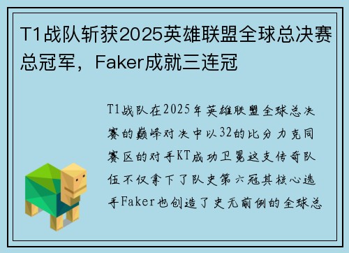 T1战队斩获2025英雄联盟全球总决赛总冠军，Faker成就三连冠